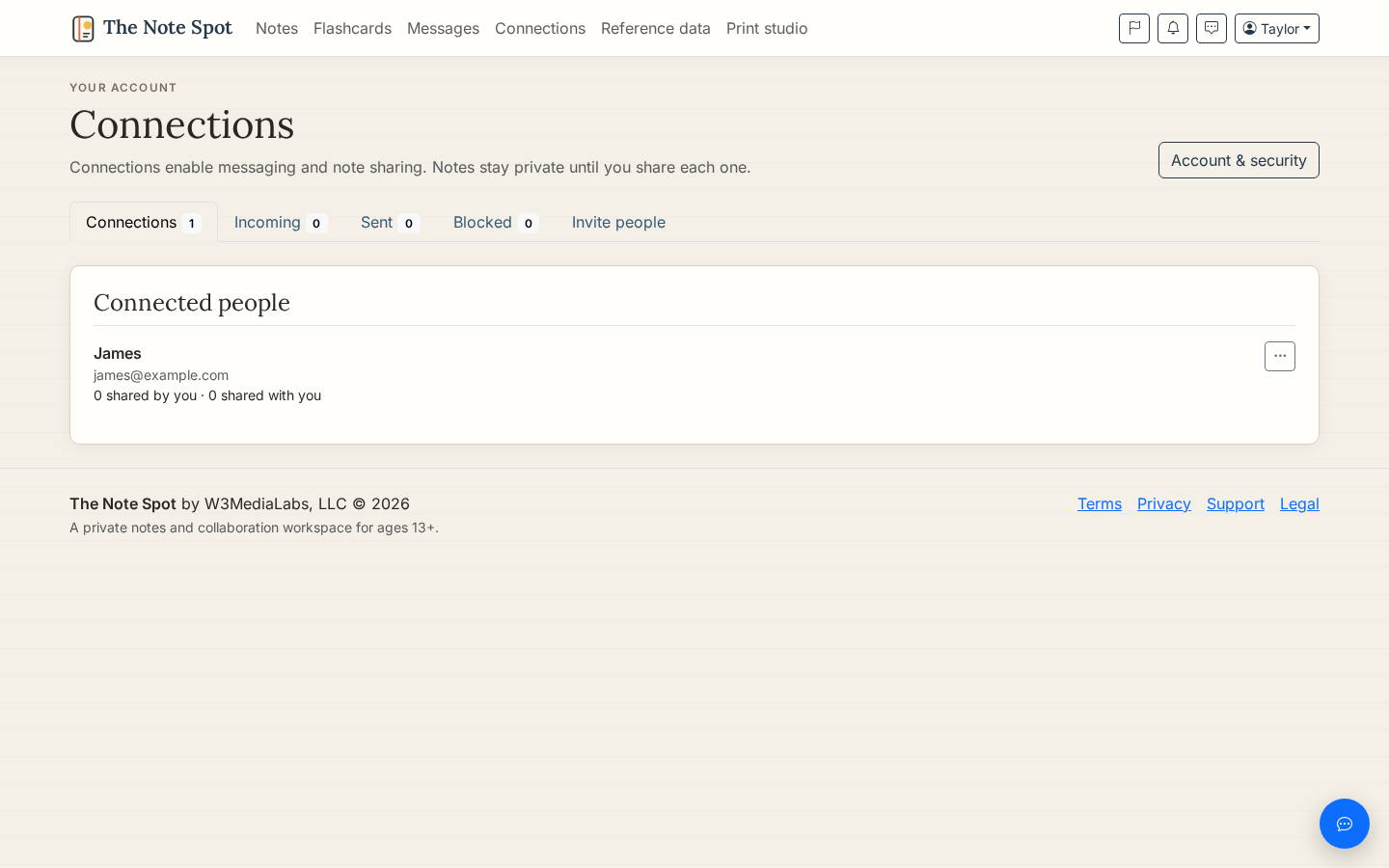 The Connections page showing a connected person, private invitations, and reusable connection-code controls