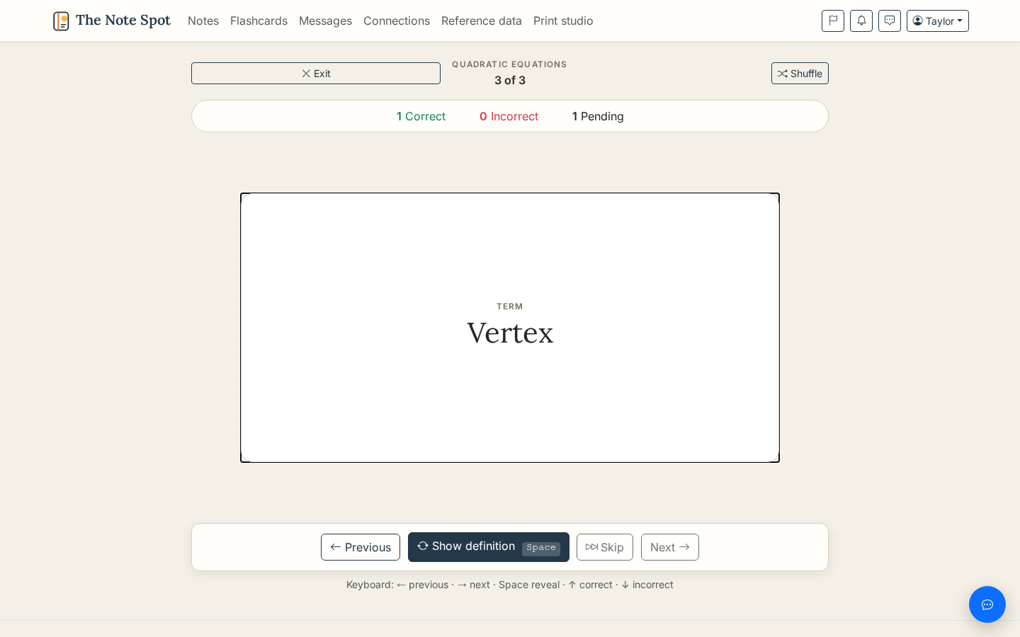 A realistic flashcard practice run showing a term, progress, and grading controls